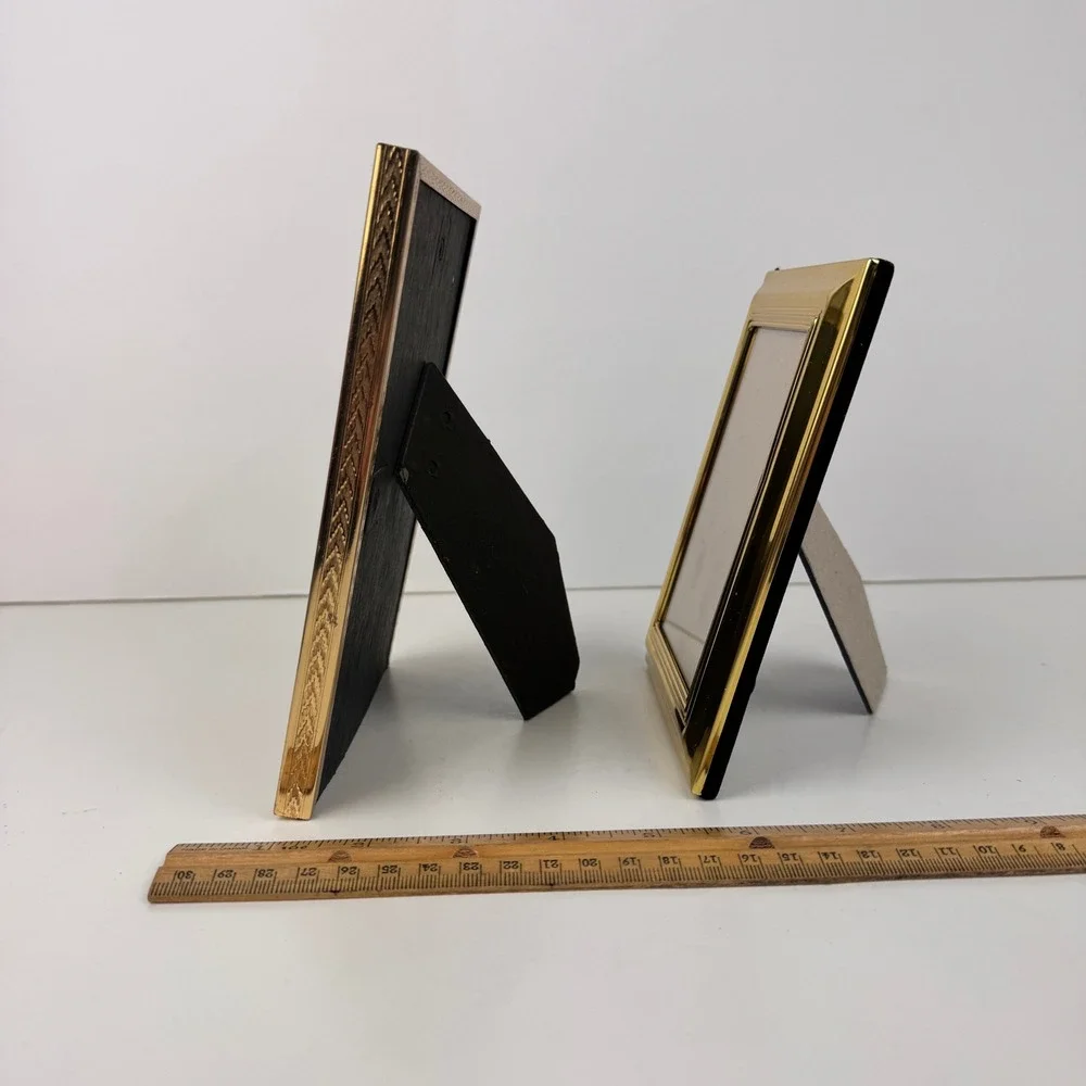 2 Vintage Metal Picture Frames‎ Gold 5x7 thin 5x3 thick Tabletop READ